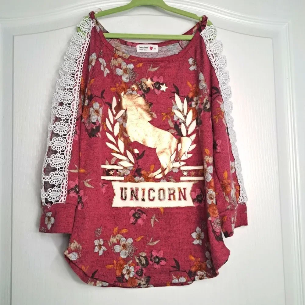 Pink Floral Metallic Unicorn shirt with Lace Crochet sleeves